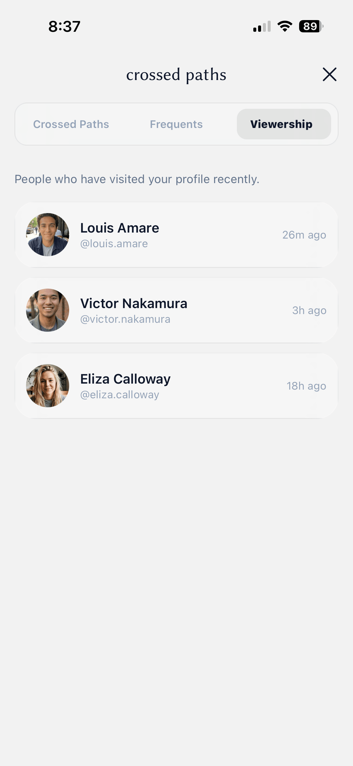 Viewership tab listing users who viewed the profile